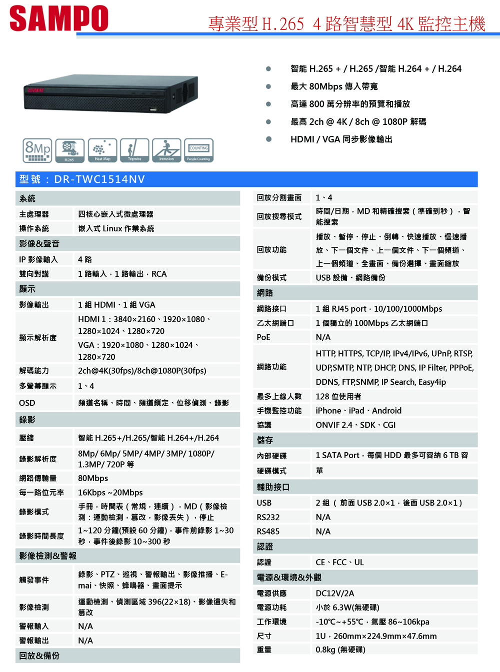 DR-TWC1514NV   專業型H.265 4 路智慧型 4K 監控主機