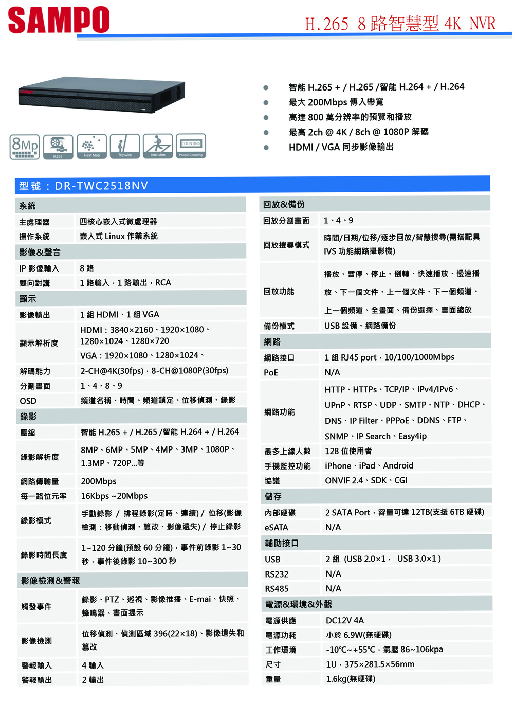 DR-TWC2518NV   H.265 8路智慧型 4K NVR