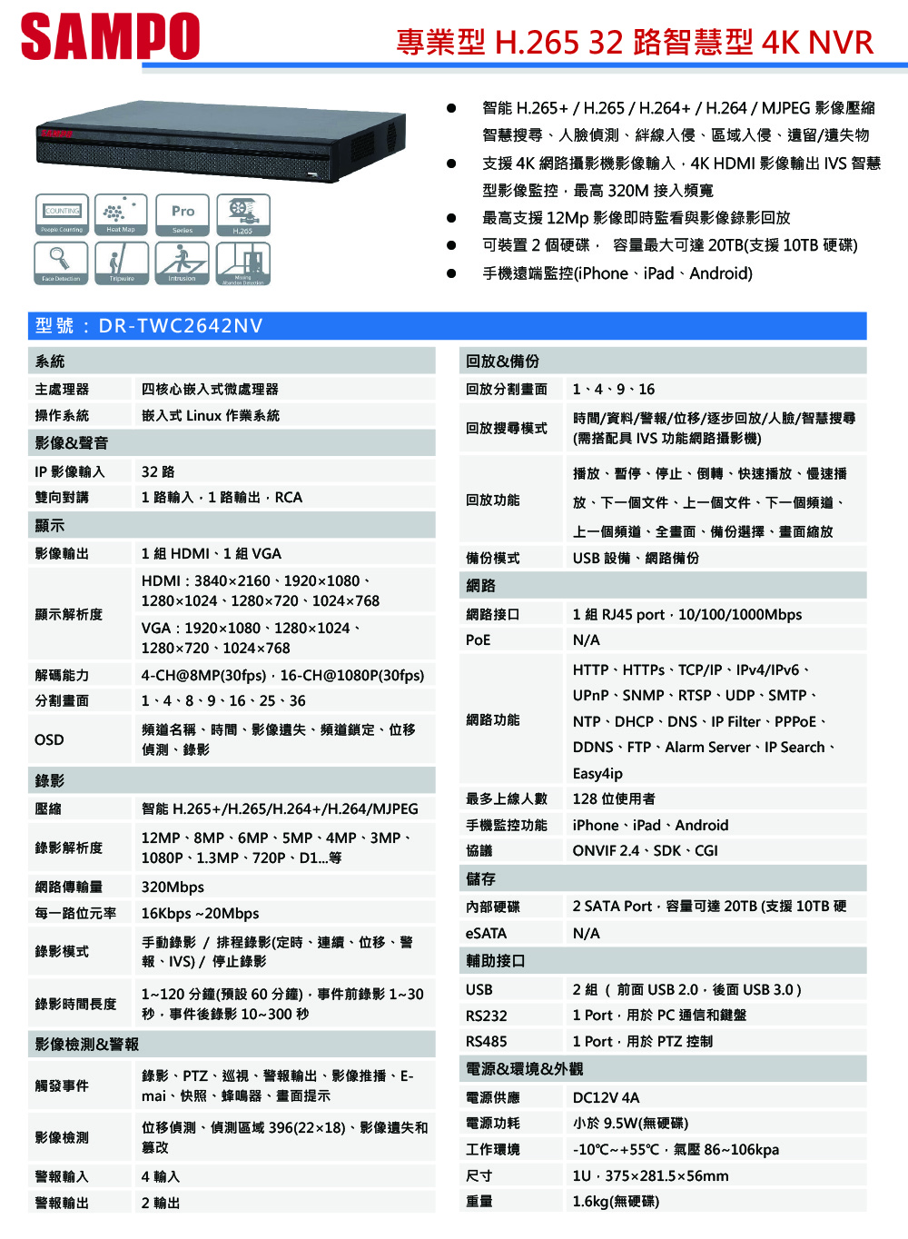 DR-TWC2642NV    專業型H.265 32 路智慧型 4K NVR