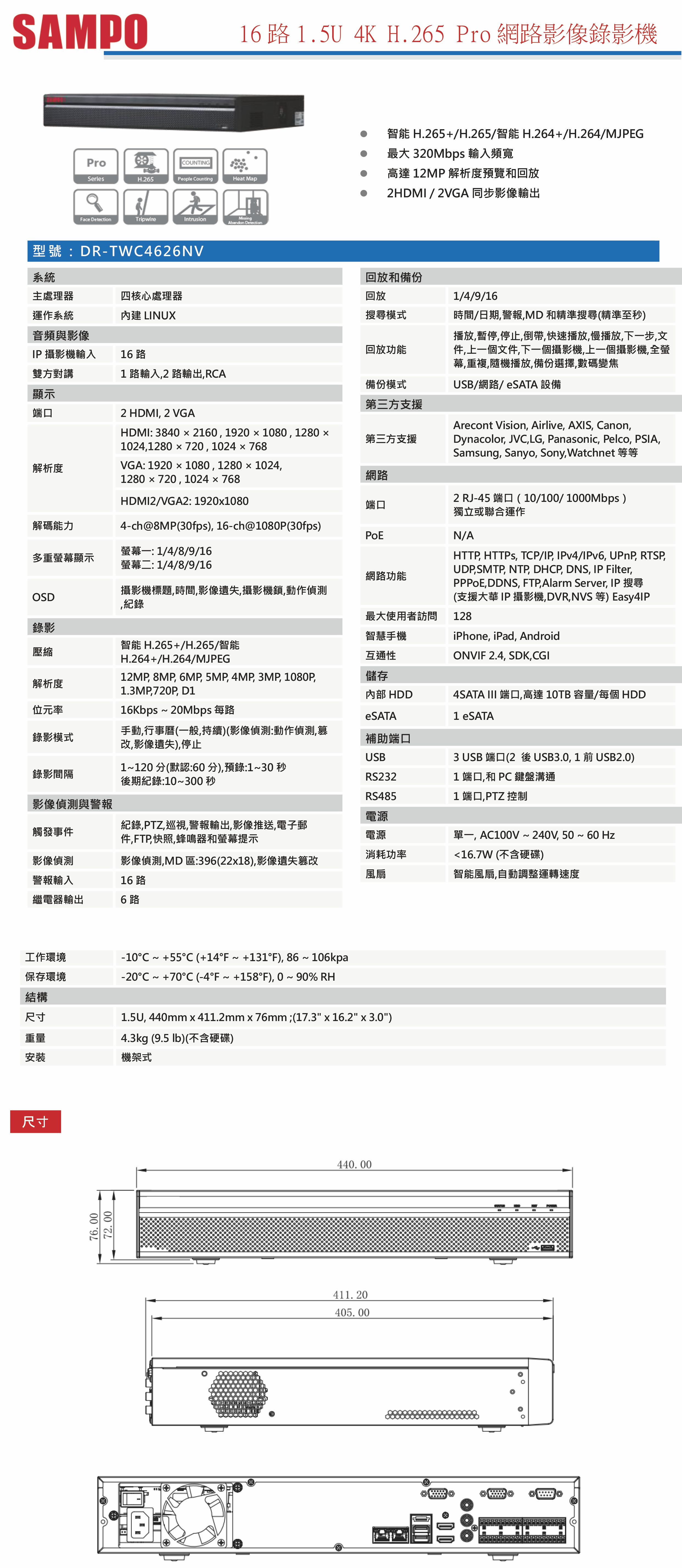 DR-TWC4626NV 16 路1.5U 4K H.265 Pro網路影像錄影機