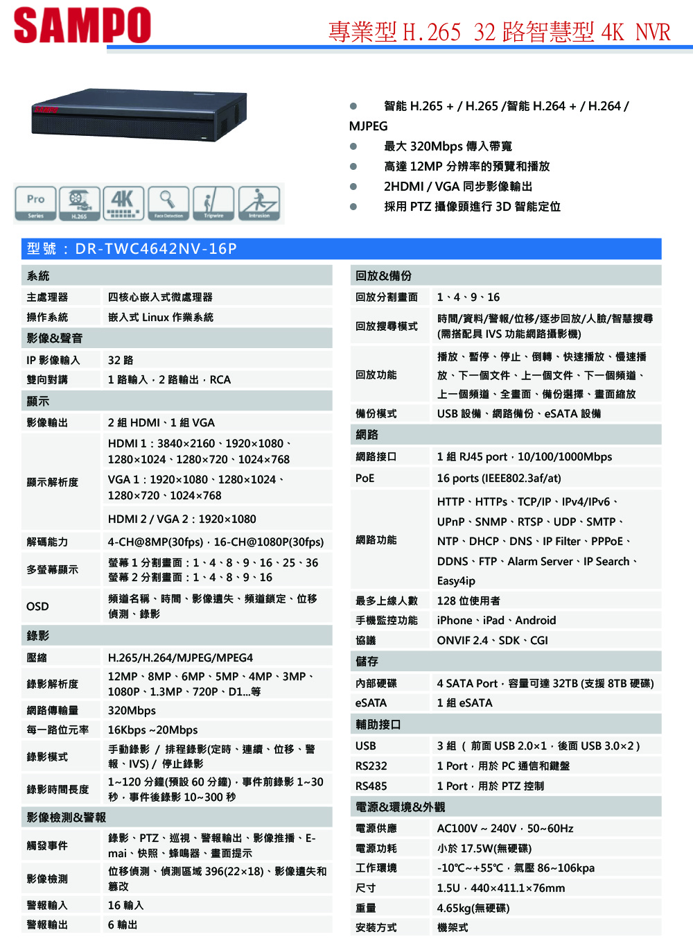 DR-TWC4642NV    16P 專業型H.265 32路智慧型 4K NVR