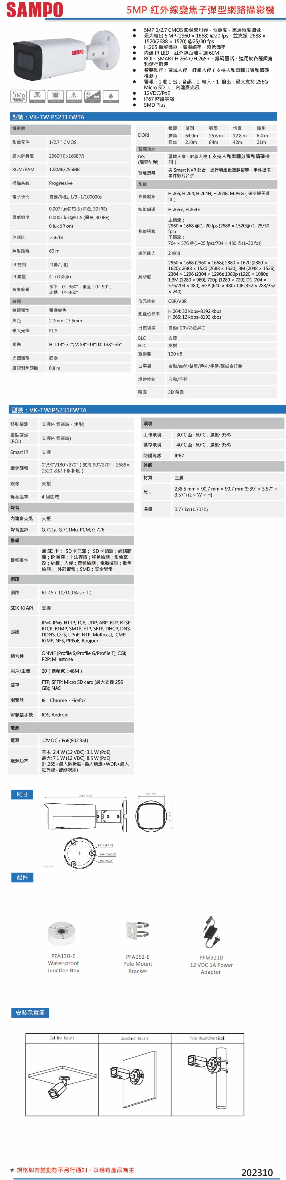 VK-TWIP5231FWTA    5MP紅外線變焦⼦彈型網路攝影機
