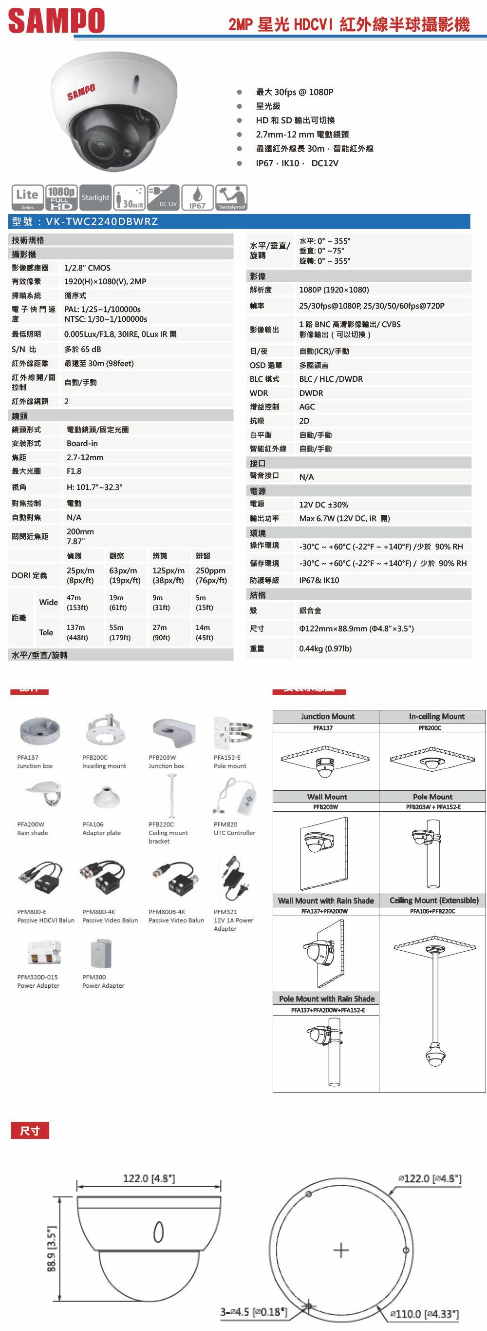 VK-TWC2240DBWRZ    2MP星光 HDCVI 紅外線半球攝影機